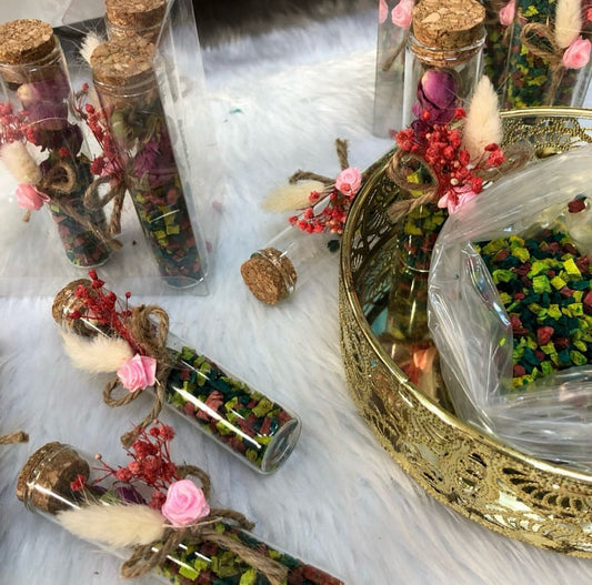 Fiole bipartite: roses séchées et serghina